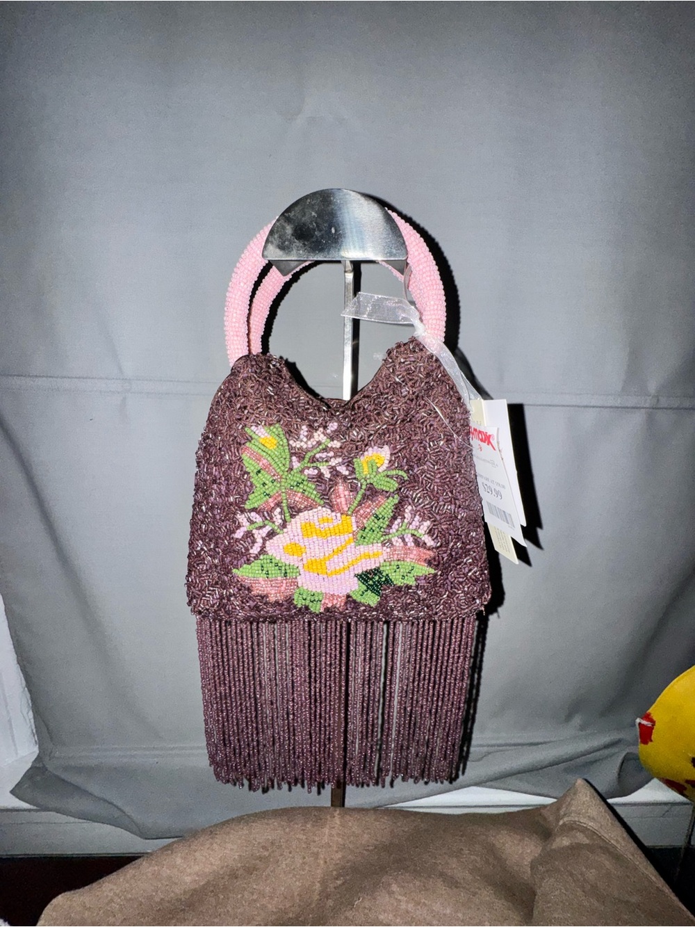 Beaded Floral Fringe Wristlet Clutch in Pink and Brown